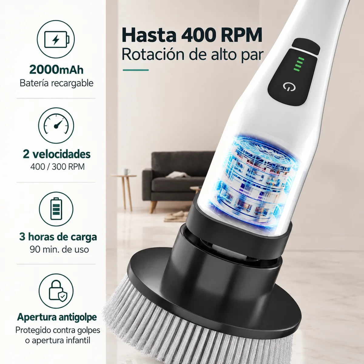 Especificaciones técnicas de Twirza: batería 2000mAh, 2 velocidades, 3h de carga para 90 min de uso
